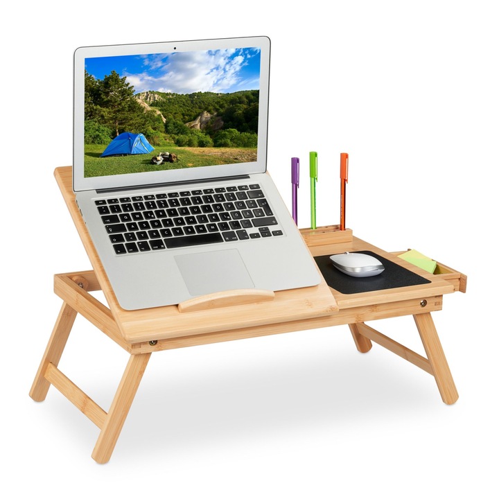 Маса за лаптоп, регулируема на 5 ъгъла, вградена подложка за мишка, странично чекмедже, държач за писалка, бамбук, 17,5 x 62 x 34 cm