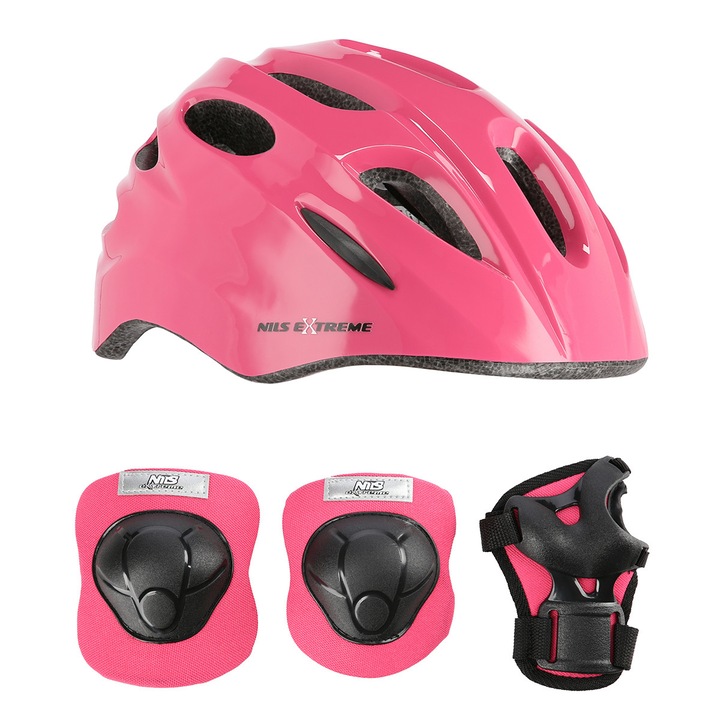 Set protectii NILS EXTREME, casca + protectii incheieturi, coate, genunchi, roz, marime XS