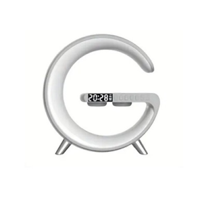 Statie incarcare wireless 15W 3 in 1 cu lampa RGB, boxa bluetooth 5w cu lumini ambientale, ceas digital cu alarma, radio FM, Micro SD, aplicatie Android/iOs, Alb