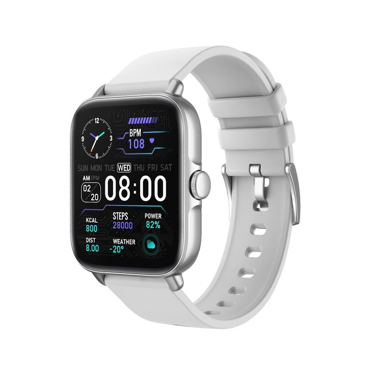 Ceas Smartwatch Efectuare/Primire Apel, ultra touch, 24/7 Monitorizare Ritm Cardiac, Fitness, Somn, Music Play, Meteo, Notificari, Control prin Gesturi, Autonomie 10 zile, Curea silicon, Silver