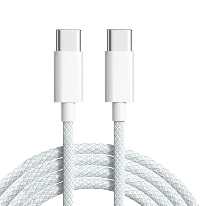 Cablu Fast Charge Timebox 66W, QC 3.0, Type-C la USB-C, 1m, Alb, Transfer Rapid, Compatibil iPhone, Samsung, Huawei, Xiaomi, MacBook, Laptop, Tableta, Incarcare Stabila, Accesoriu Premium, Conectare Versatila