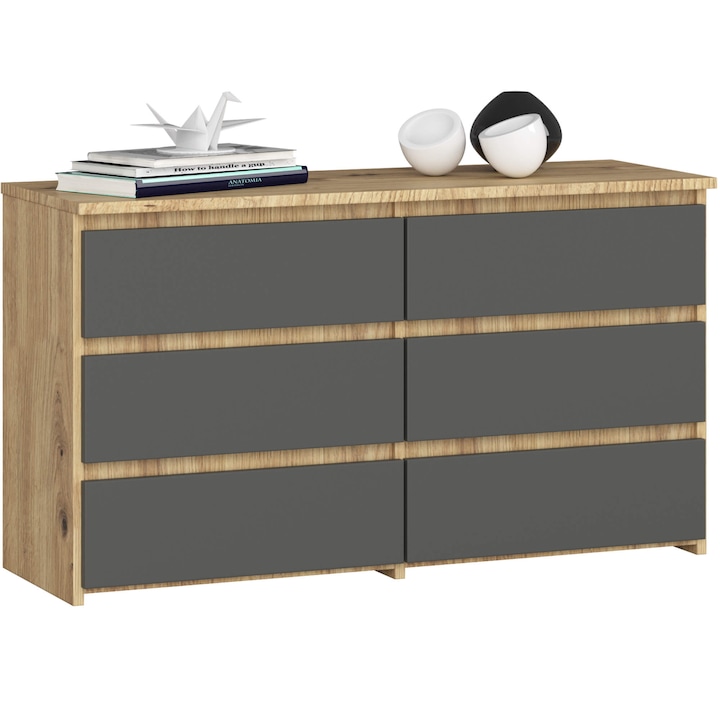 Komód, Akord Furniture Factory, Forgácslap, 6 fiókos, 57x100x35 cm, Szürke/Barna
