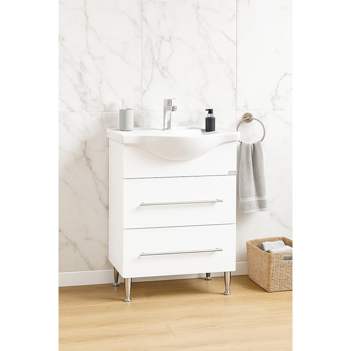 Badenmob 187 talp és mosdó bútorkészlet, festett MDF előlap, faforgácslap oldalak, 55cm, fehér