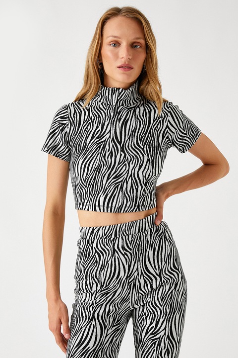 KOTON, Tricou crop cu imprimeu zebra, Alb/Negru, XL