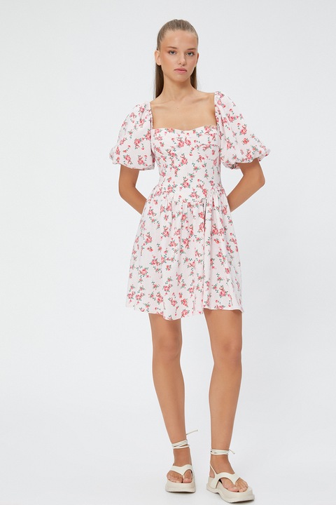 KOTON, Rochie din amestec de in cu model floral, Alb/Roz, M