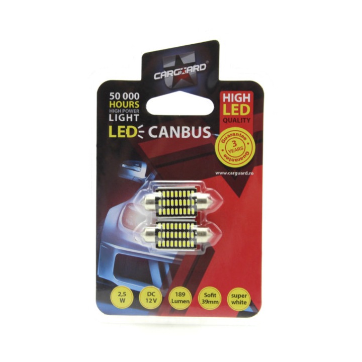 Комплект 2 LED крушки C5W 12V 2.5W за плафон, рег. номер, 189 лумена, 39 мм