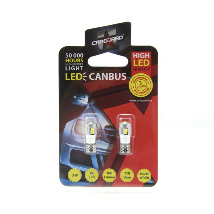 Комплект 2 LED крушки T10 W5W 12V 3W за плафон, 180 лумена, CAN-BUS