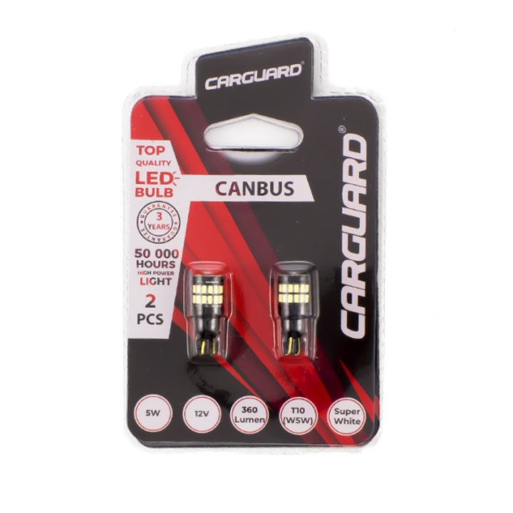 Комплект 2 LED крушки T10 W5W 12V 5W, за салон, багажник, CAN-BUS 360 лумена
