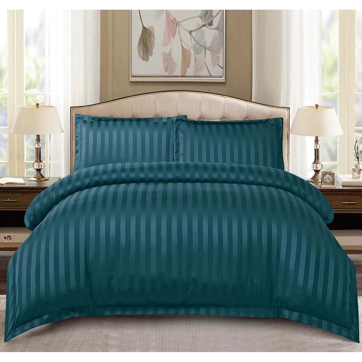 Lenjerie de pat 100% bumbac, dunga damasc 1 cm, pentru pat de 2 persoane, 4 piese cearceaf de pat cu elastic 180 x 200 cm Light Green