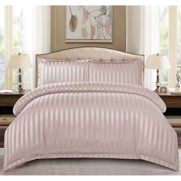 Lenjerie de pat 100% bumbac, dunga damasc 1 cm, pentru pat de 2 persoane, 4 piese cearceaf de pat cu elastic 180 x 200 cm cafea maro/Drapp