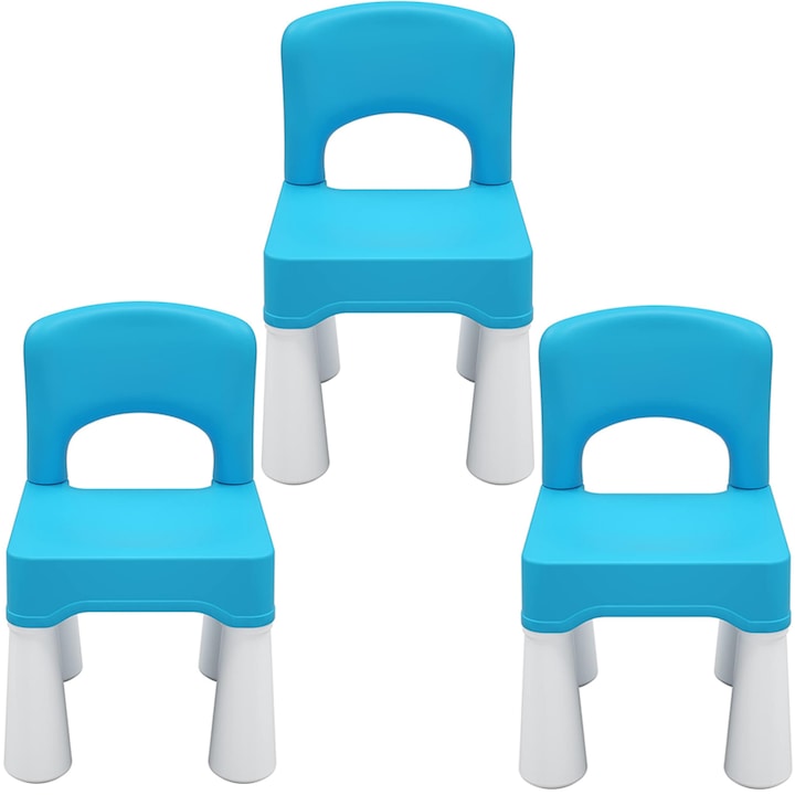 Set 3 Scaunele pentru copii, cu spatar, pentru interior sau exterior, joaca sau luat masa, din material plastic ABS, durabil si usor, cu margini rotunjite, culoare albastru, 26 x 25 x 43 cm - Pitikot®