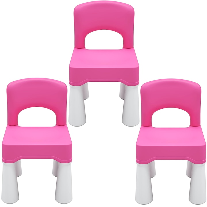 Set 3 Scaunele pentru copii, cu spatar, pentru interior sau exterior, joaca sau luat masa, din material plastic ABS, durabil si usor, cu margini rotunjite, culoare roz, 26 x 25 x 43 cm - Pitikot®