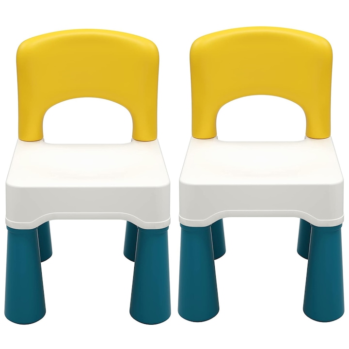 Set 2 Scaunele pentru copii, cu spatar, pentru interior sau exterior, joaca sau luat masa, din material plastic ABS, durabil si usor, cu margini rotunjite, culoare alb - galben, 26 x 25 x 43 cm - Pitikot®