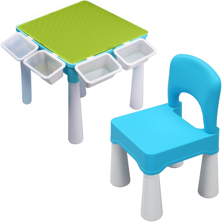 Set Masa cu Scaun pentru copii, pentru diferite activitati, joaca sau luat masa, la interior sau exterior, durabil si usor, din material plastic ABS, cu margini rotunjite, Albastru - Pitikot®