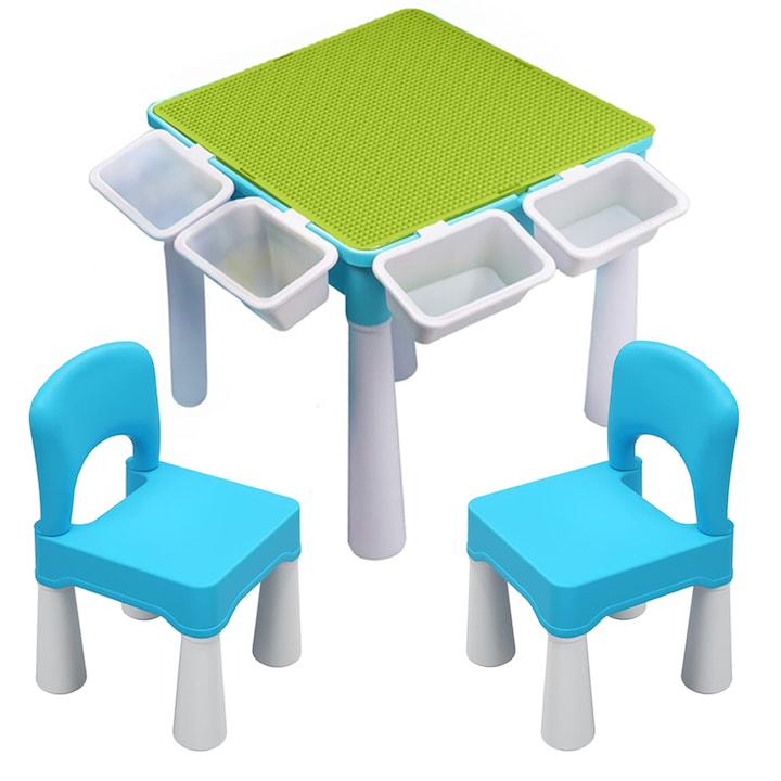 Set Masa cu 2 Scaune pentru copii, pentru diferite activitati, joaca sau luat masa, la interior sau exterior, durabil si usor, din material plastic ABS, cu margini rotunjite, Albastru - Pitikot®