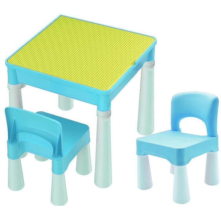 Set Masa cu 2 Scaune pentru copii Pitikot®, pentru diferite activitati, joaca sau luat masa, la interior sau exterior, durabil si usor, din material plastic ABS, cu margini rotunjite, Albastru
