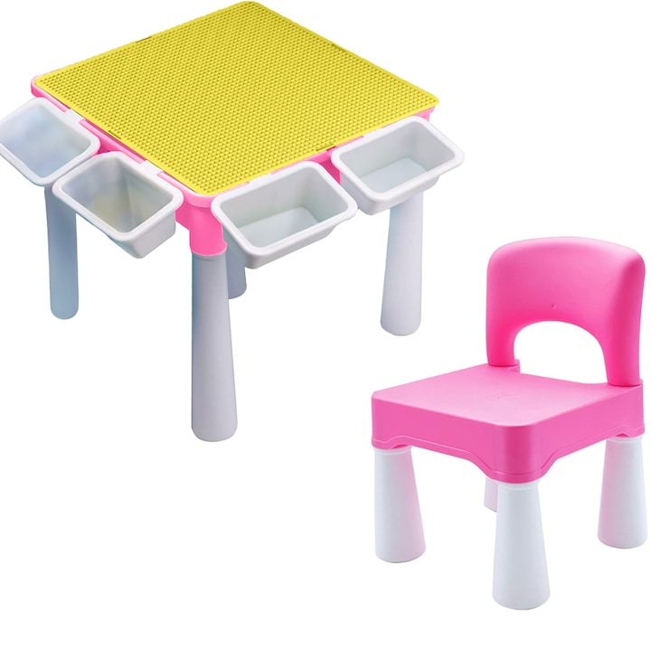 Set Masa cu Scaun pentru copii, pentru diferite activitati, joaca sau luat masa, la interior sau exterior, durabil si usor, din material plastic ABS, cu margini rotunjite, Roz - Pitikot®