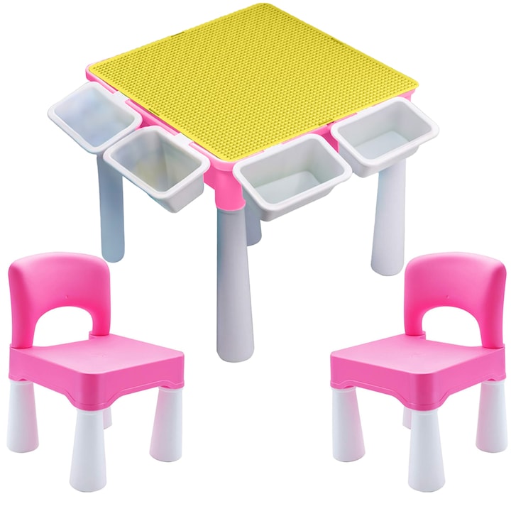 Set Masa cu 2 Scaune pentru copii, pentru diferite activitati, joaca sau luat masa, la interior sau exterior, durabil si usor, din material plastic ABS, cu margini rotunjite, Roz - Pitikot®