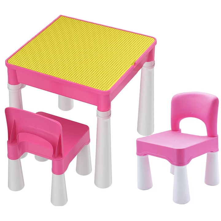 Set Masa cu 2 Scaune pentru copii Pitikot®, pentru diferite activitati, joaca sau luat masa, la interior sau exterior, durabil si usor, din material plastic ABS, cu margini rotunjite, Roz