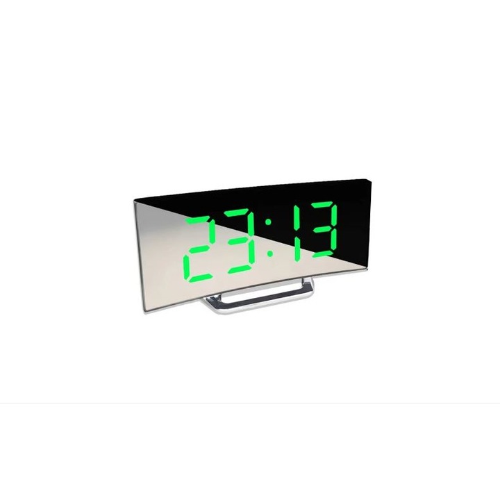 Ceas multifunctional cu LED stil oglinda curbata, alarma digitala, afisaj mare, mod noapte, data, temperatura scris verde