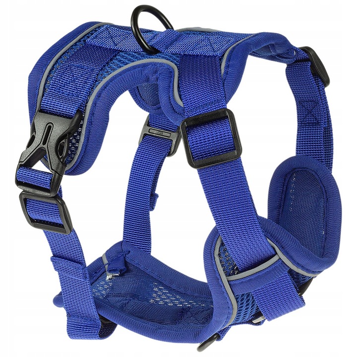 Hám és póráz szett kutyáknak és macskáknak, nyomásmentes, fényvisszaverő, XL, kék