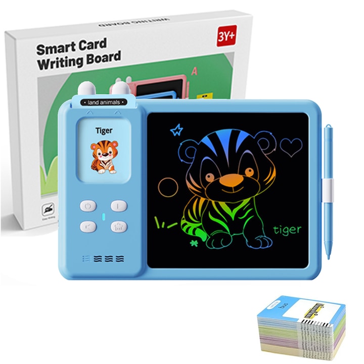Tableta LCD 2 in 1 pentru copii, Fluffy, interactiva si educationala, scris si desenat, 112 carduri cu 224 cuvinte in limba engleza si redare lor cu sunet, jucarie pentru invatare limba engleza, stilou pentru scris si desenat, Albastru