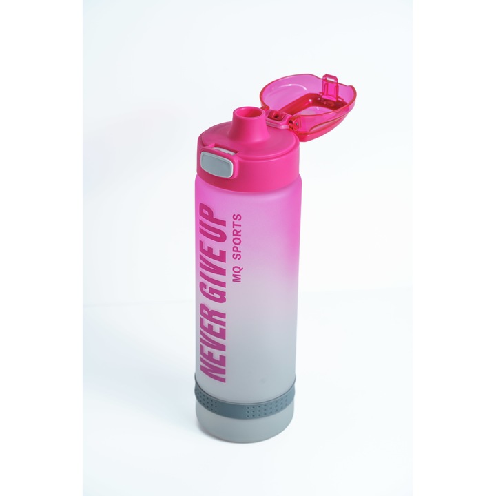 Inspirációs vizes palack fitneszhez vagy kempingezéshez CeMaCo, 1L - NeverGiveUp motivációs üzenet, rózsaszín/Alb színű