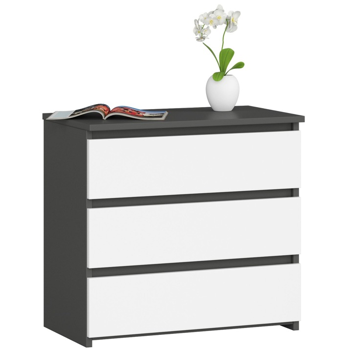 Нощно шкафче, Akord Furniture Factory, ПДЧ, 3 чекмеджета, 57x60x35 см, Сиво/Бяло