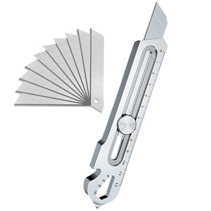 Cutit utilitar, Axroad Mall, Retractabila, Varf ascutit, Maner ergonomic, Usor de tinut, Cu 10 lame suplimentare, Portabil, Taie franghia, cartonul si plasticul, Otel inoxidabil, 3cmx15.5cm, Argintiu