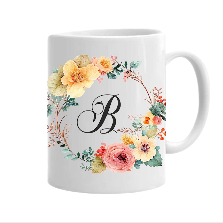 Cana personalizata cu initiala numelui, alba, 350ml, Colectia Flori-Alfabet, litera B