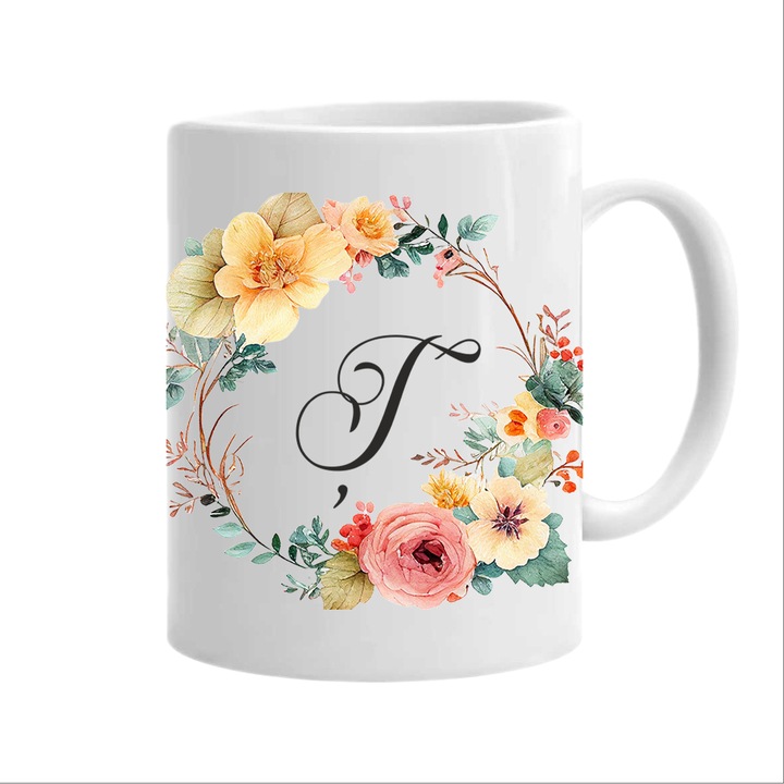 Cana personalizata cu initiala numelui, alba, 350ml, Colectia Flori-Alfabet, litera Tz