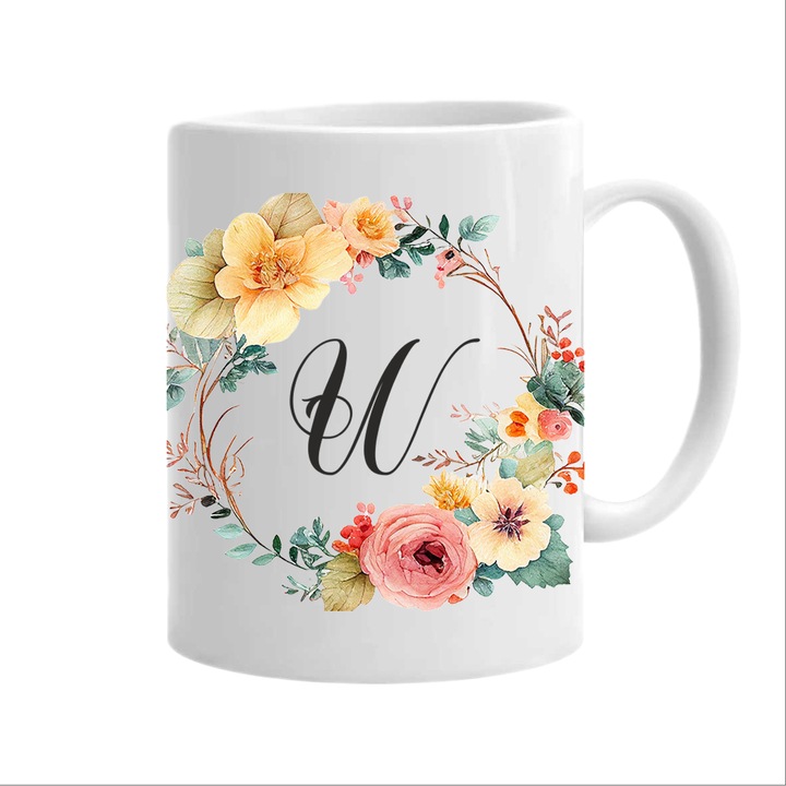 Cana personalizata cu initiala numelui, alba, 350ml, Colectia Flori-Alfabet, litera W