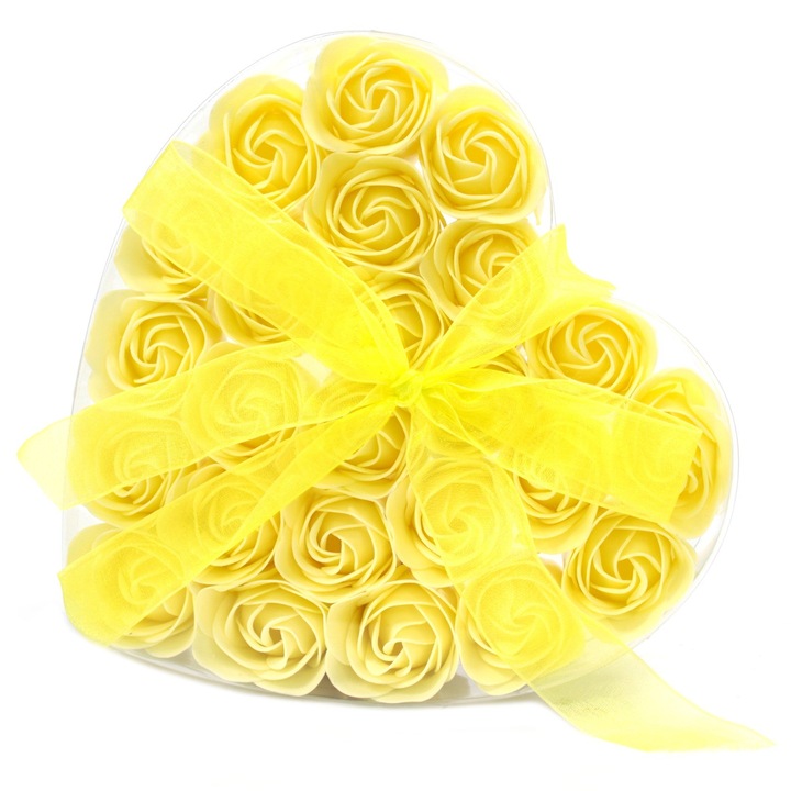Aranjament floral cu 24 trandafiri de sapun, in cutie in forma de inima, galben