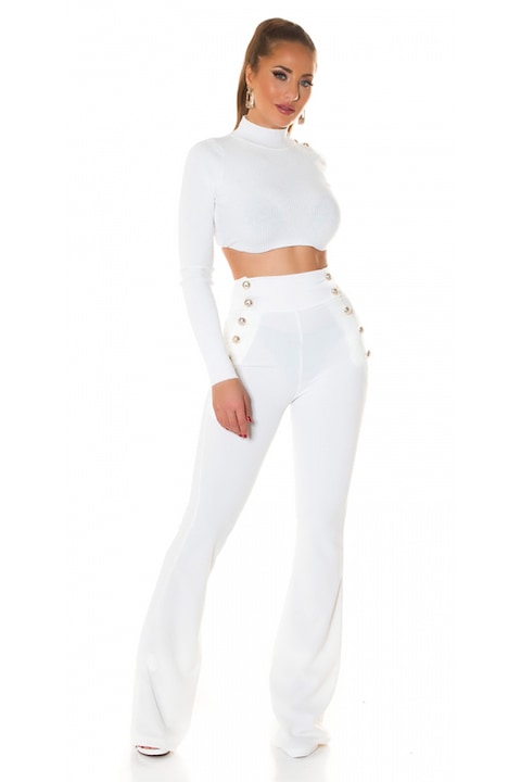 Елегантен панталон OTIS, с разкроена кройка и декоративни копчета, Бял