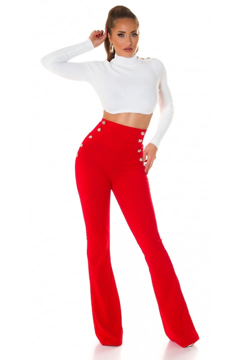 Елегантен панталон OTIS, с разкроена кройка и декоративни копчета, Червен