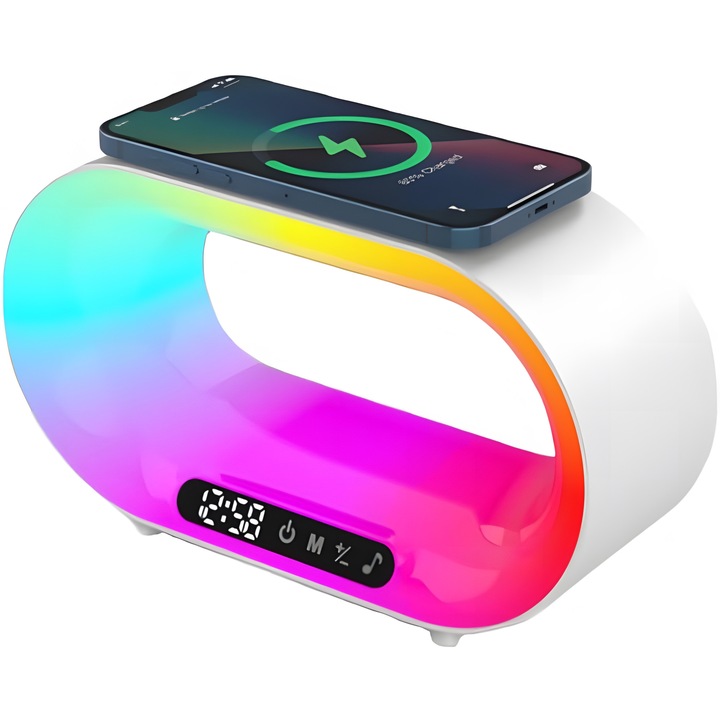 Intelligens többfunkciós lámpa, MILARIS®, vezeték nélküli töltő funkció 15 W teljesítménnyel, ébresztőóra funkció, időt mutató digitális kijelző, környezeti világítás, dedikált mobil alkalmazás, modern és vonzó design, prémium minőség, fehér