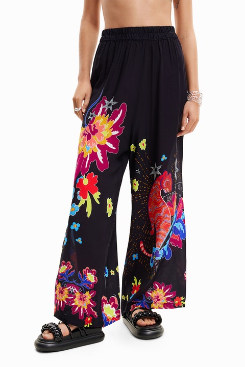 DESIGUAL, Pantaloni de plaja cu croiala ampla si imprimeu, Rosu/Negru/Albastru