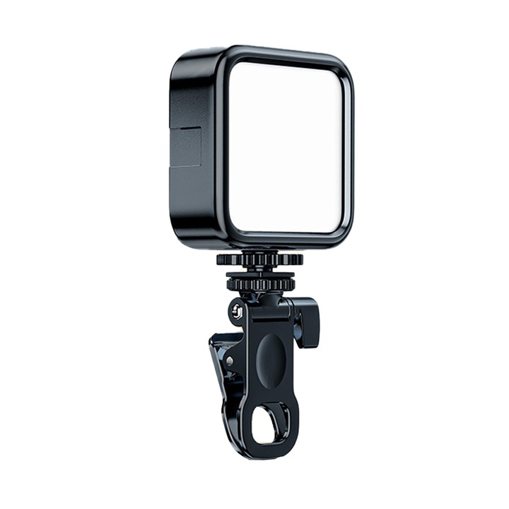 Töltőlámpa, mobiltelefonokhoz/laptopokhoz/digitális kamerákhoz, élő közvetítéshez/vloggoláshoz/tiktok, 1200mAh akkumulátor, 7W, CRI 96+, 3 állítható fénymód 3000K - 6000K, USB-C újratölthető, hordozható, fekete