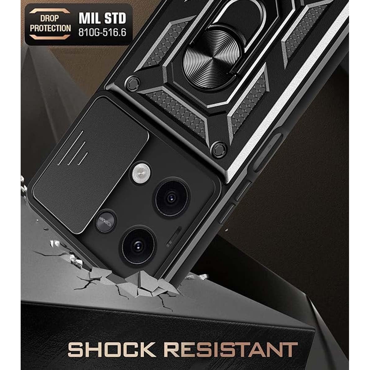 Husa pentru Xiaomi Redmi Note 13 Pro 5G cu inel Ring Armor Kickstand Tough, protectie camera, Aiyando, negru