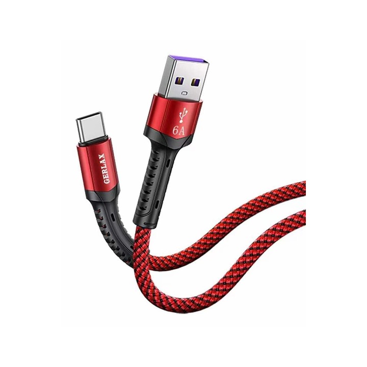FastCharge adat- és gyorstöltő kábel, USB Type-C 6A USB-csatlakozás piros kábellel, Apple, Samsung, Xiaomi, Huawei, piros
