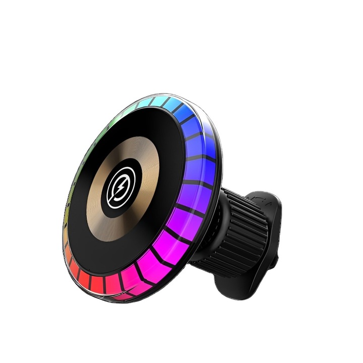 IdealSTORE mágneses autós tartó telefonhoz, Vezeték nélküli töltés, Univerzális modell bármilyen típusú telefonhoz, RGB környezeti fény játék, Többszínű