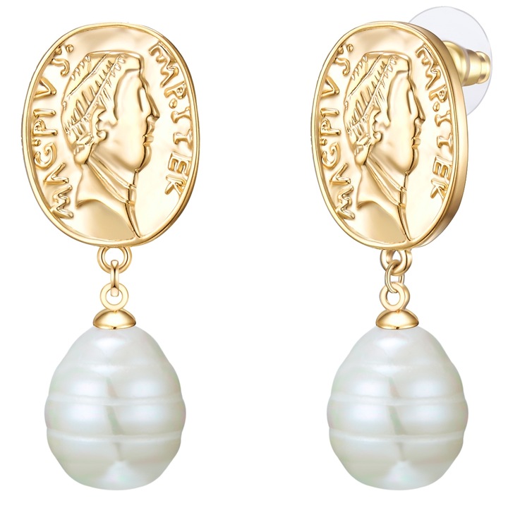 Lulu & Jane, Cercei placati cu aur de 14K si decorati cu perle, Auriu