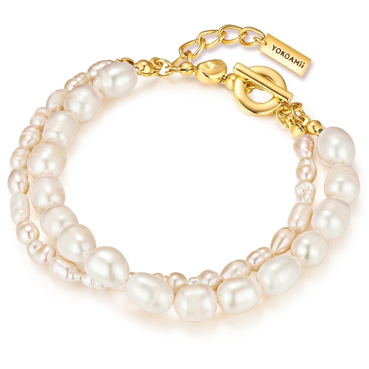 Yokoamii, Bratara cu doua siraguri, de aur de 14K filat, cu perle de cultura, Auriu