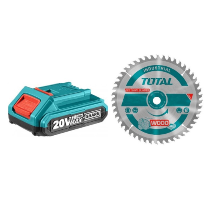Set Acumulator 20V-2.0Ah (INDUSTRIAL) + Panza ferastrau TCT pentru lemn, TOTAL, 254 x 30 mm