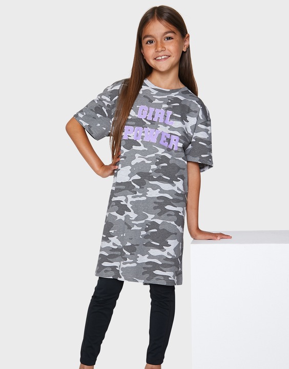 Threadgirls, Рокля тип тениска 23435 с овално деколте, Светло сив/Tъмносив, 152 CM