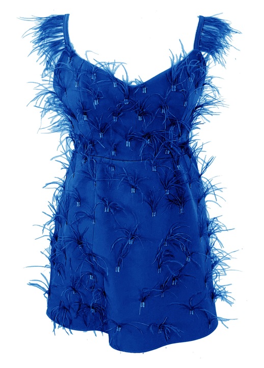 Къса рокля с пера OLYMPIA, Eлектрическо синьо