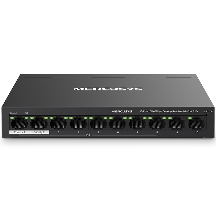 Суич PoE Desktop Mercusys MS110GP, 10 порта 10/100Mbps (включително 8 порта PoE+), Метален корпус