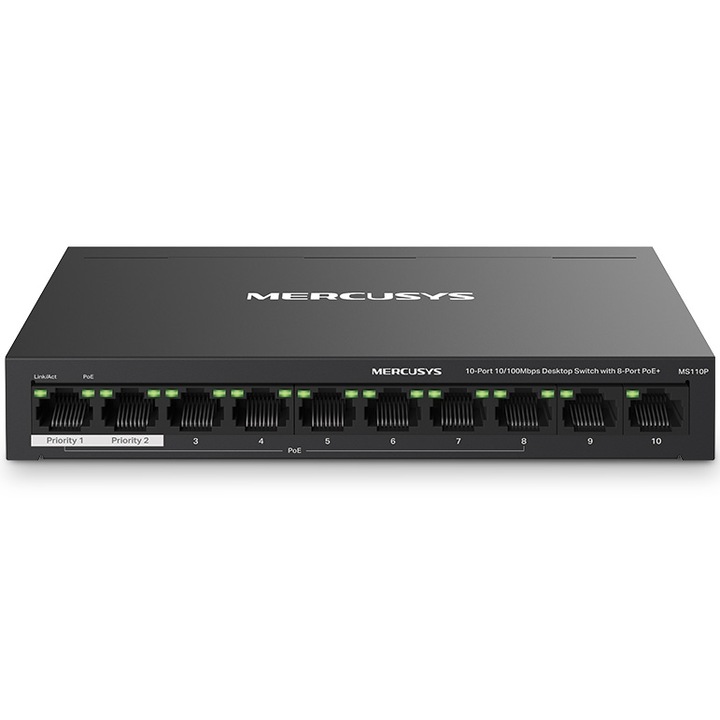 Switch PoE Desktop Mercusys MS110GP, 10 porturi 10/100Mbps (dintre care 8 porturi PoE+) , carcasa metalica