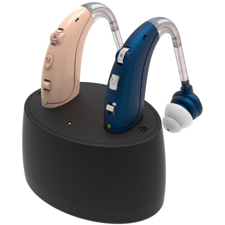 Комплект от 2 слухов апарат Kenoeestar® Premium, усилвател на звука 129 dB, средно-тежка загуба на слуха, 10 адаптера за уши, със станция за зареждане, гол + син