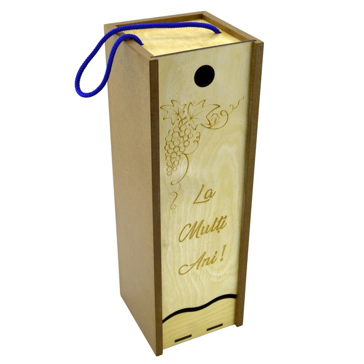 Cutie pentru sticla de vin, din MDF si lemn, cu mesaj gravat "La multi ani", 34x11x11 cm